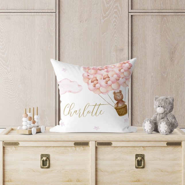 Almofada Ursinho Balões Rosa Berçário Bebê (Teddy Bear Pink Balloons Baby Nursery Throw Pillow)