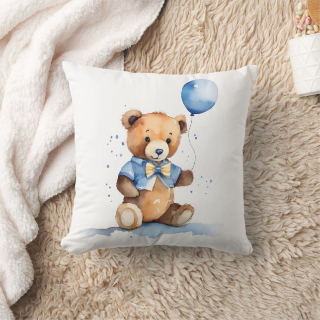 Almofada Ursinho de Bebê Menino Com Balão Azul (Cobertor)