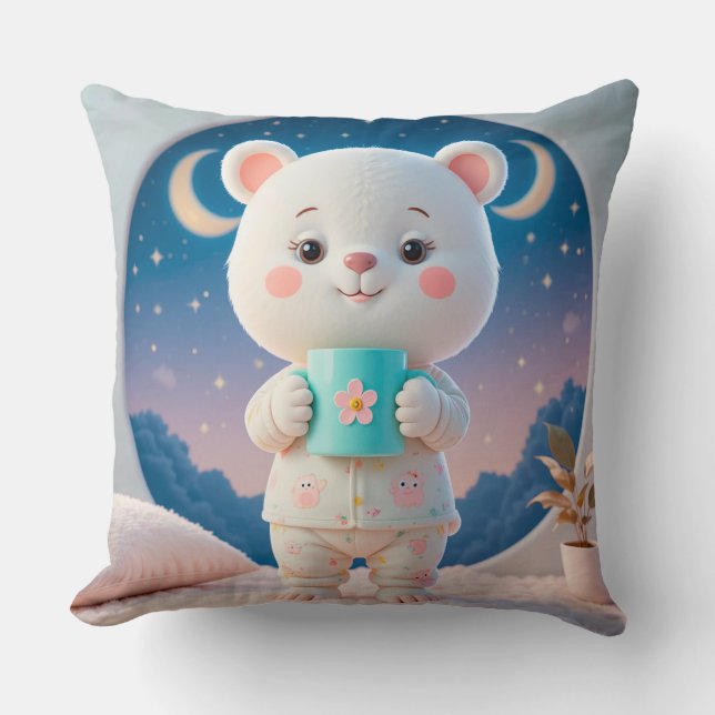 Almofada Urso Adorável de Pijama Segurando uma Caneca (Frente)