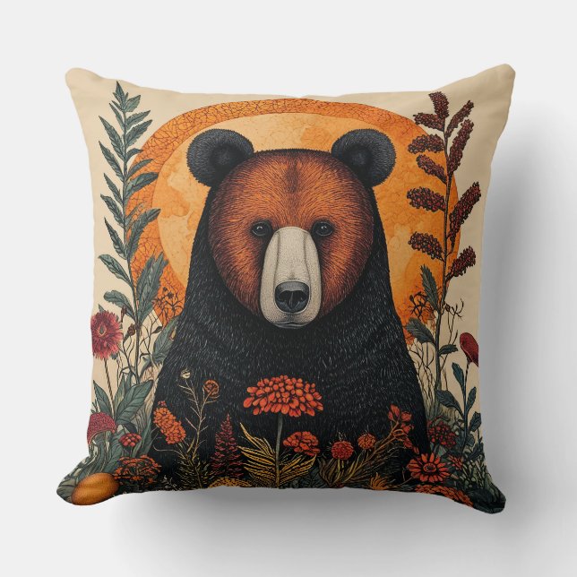 Almofada Urso Artístico Entre Flores Botânicas Vibrantes (Frente)