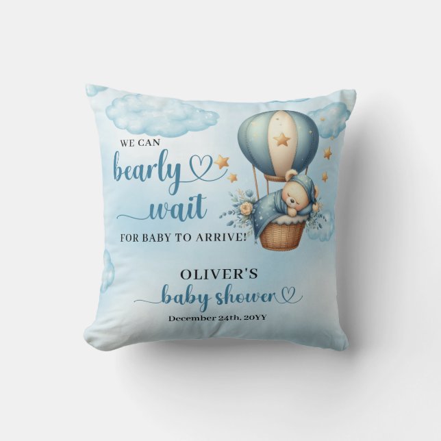 Almofada Urso azul-marrom marfim-azul, balão de ar quente (Frente)