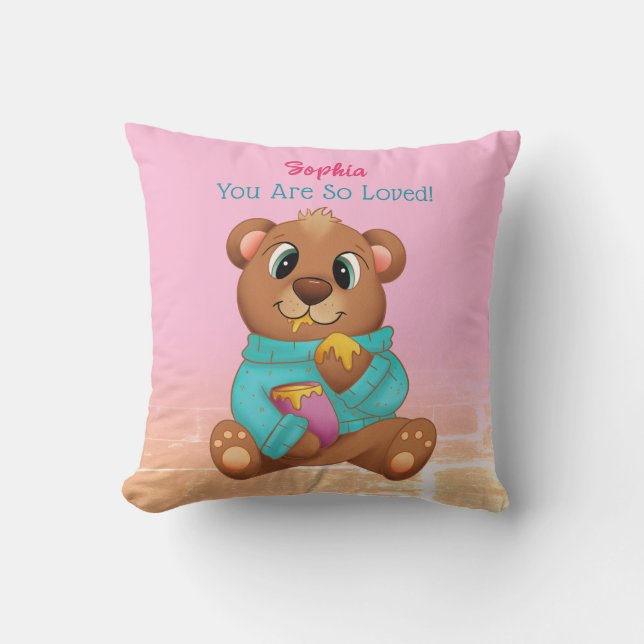Almofada Urso Bonito Comendo Mel, Nome e Mensagem da Crianç (Frente)