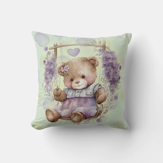 Almofada Urso Castanho Nadando Vestido De Lavanda E Polka (Frente)