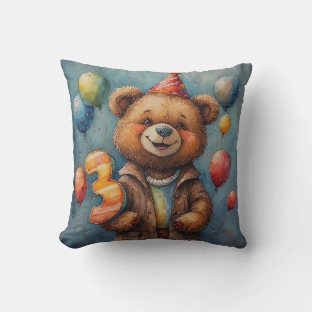 Almofada Urso de aniversário fofo com balões e chapéu de fe (Frente)