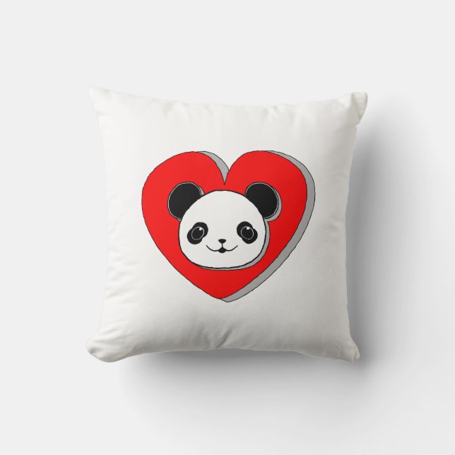 Almofada Urso De Panda Bonito E Desenho De Coração Vermelho (Frente)