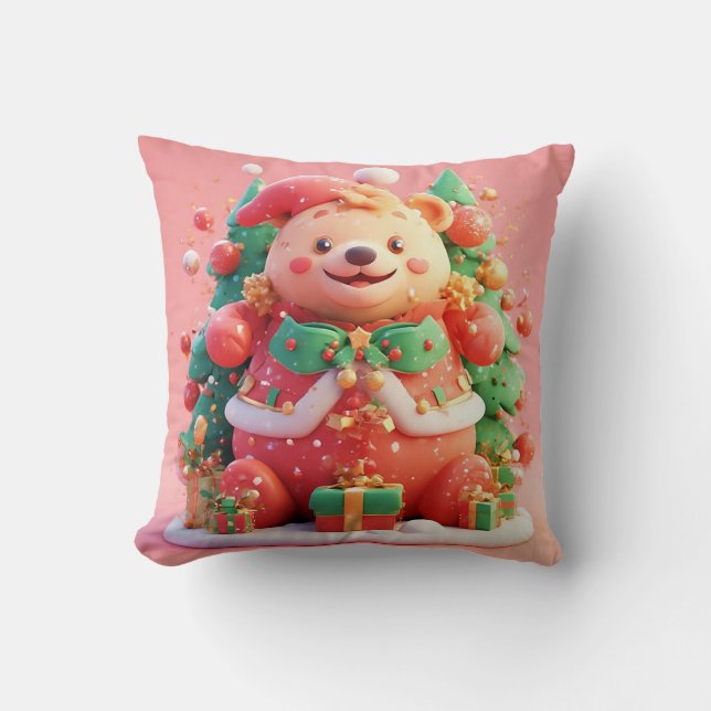 Almofada Urso de pelúcia festivo com presentes e árvore de  (Frente)