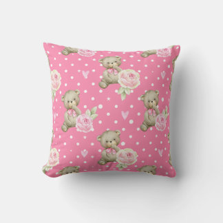 Almofada Urso de Teddy Bonito e Padrão Rosa Floral de Peôni
