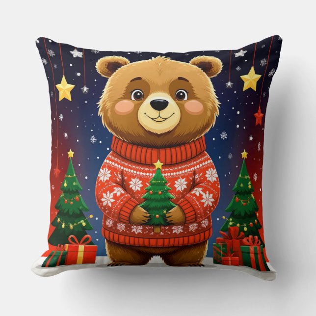 Almofada Urso Fofo de Suéter de Natal (Frente)