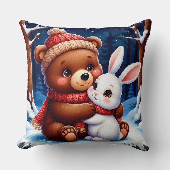 Almofada Urso Fofo Segurando Coelho (Frente)