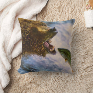 Almofada Urso Grizzle Captando travesseiro de Salmão de Ca
