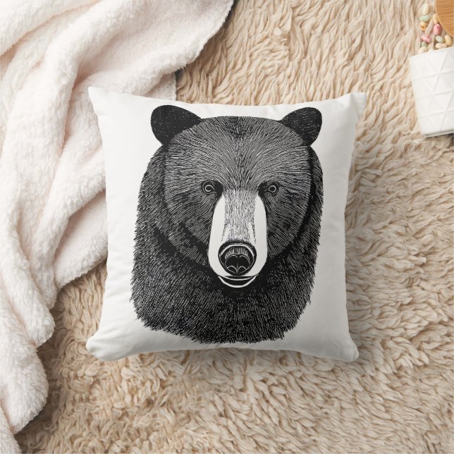 Almofada Urso Negro Rosto Original Desenho de Arte Animal (Cobertor)