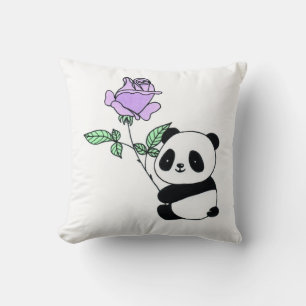 Almofada Urso Panda Fofo Segurando Flor de Rosa Roxa