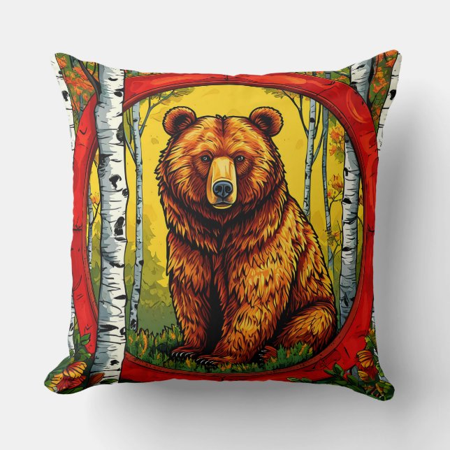 Almofada Urso Pardo em uma Floresta de Bétulas (Frente)
