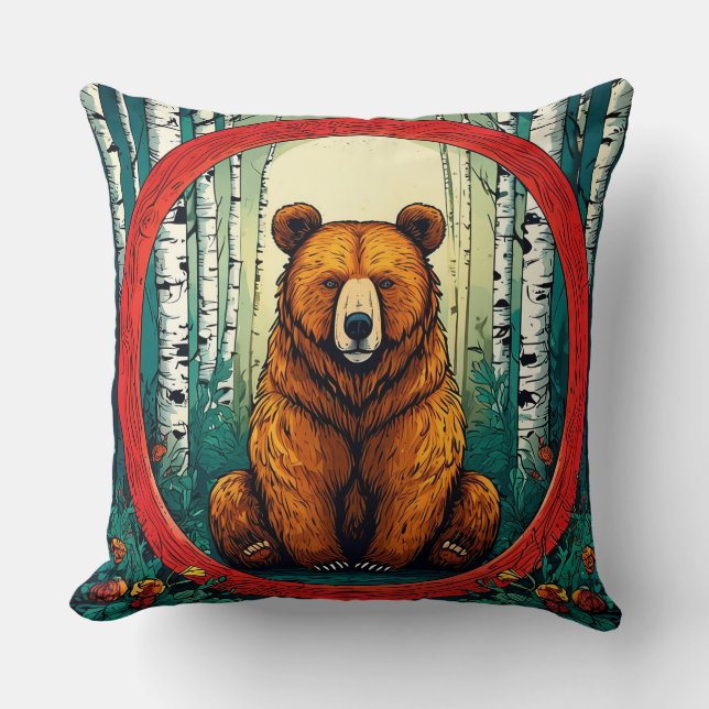 Almofada Urso Pardo em uma Floresta de Bétulas (Frente)