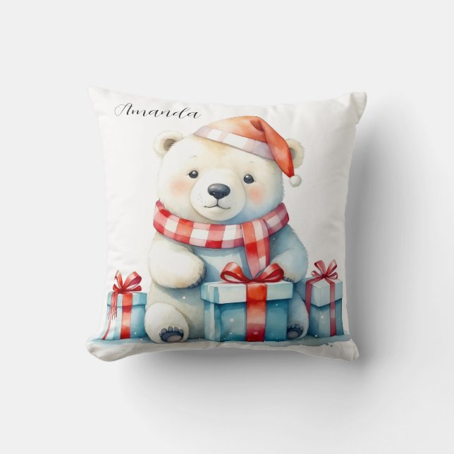 Almofada Urso Polar Branco de Aquarela Natal Adorável (Frente)