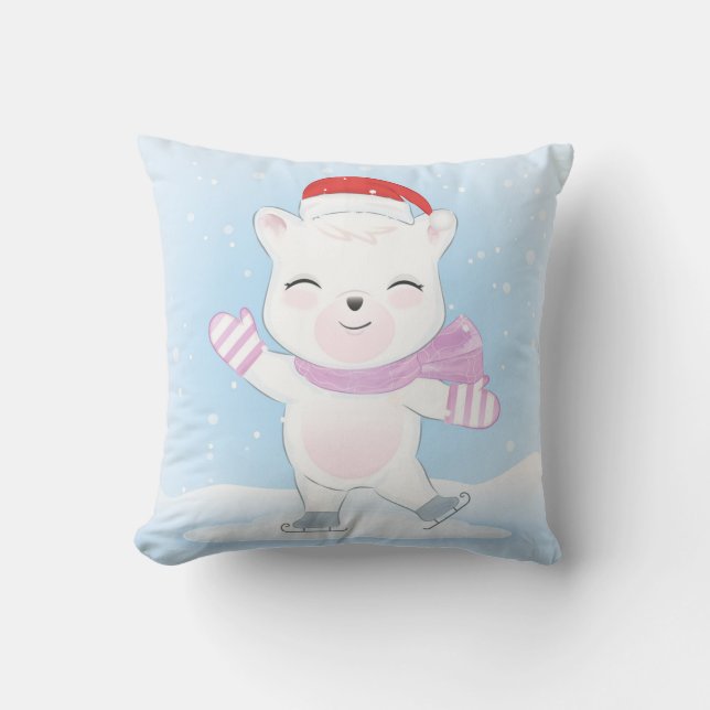 Almofada Urso Polar de Natal com Chapéu Santa em Neve (Frente)