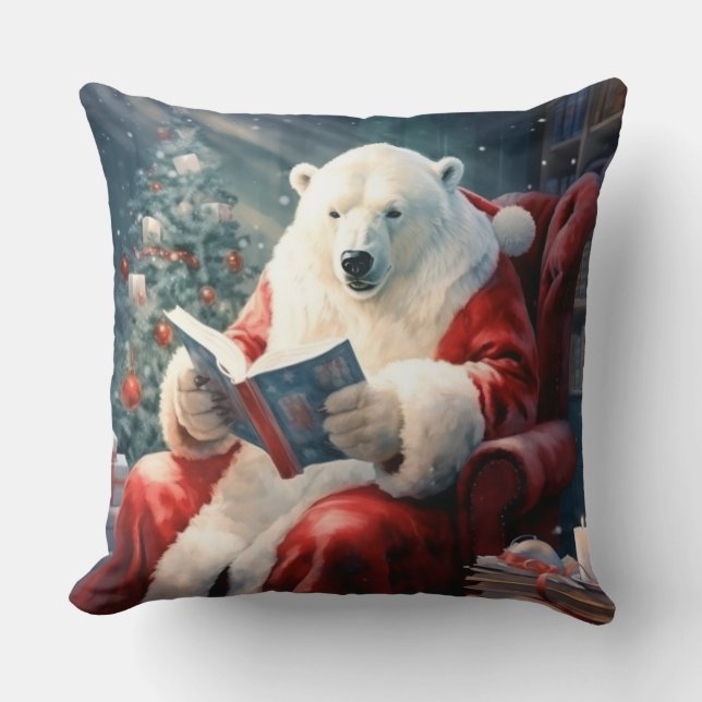 Almofada Urso Polar de Natal lendo (Frente)