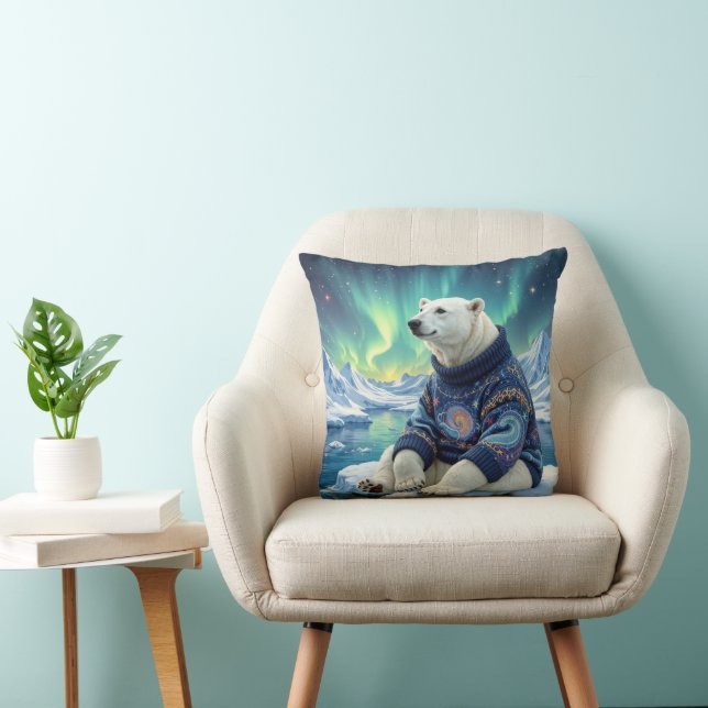 Almofada Urso Polar Sentado Sob Luzes do Norte (Cadeira)