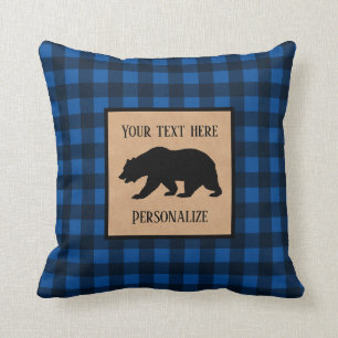 Almofada Urso Preto Em Um Personalizado Xadrez Azul e Preto