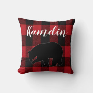 Almofada Urso Travesseiro Vermelho de Xadrez Preto