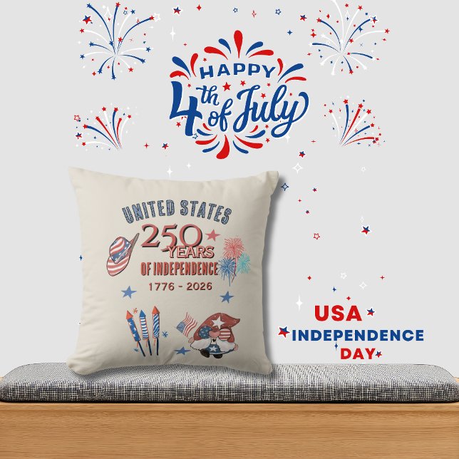 Almofada USA 250th Anniversary Patriotic Gnome Throw Pillow (USA 250th Anniversary Patriotic Gnome Throw Pillow)