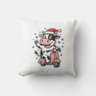 Almofada Vaca de Natal Andando de Scooter Rosa Vetor Vintag