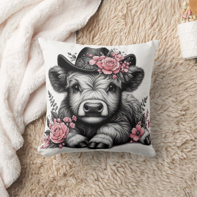 Almofada Vaca Highland em Chapéu com Decoração Floral (Cobertor)