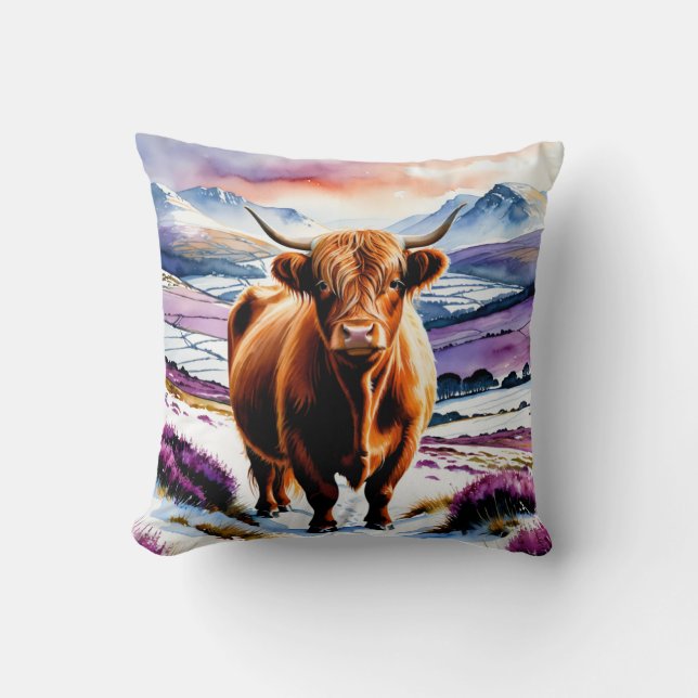 Almofada Vaca Highland Snow Watercolor Texto Personalizado  (Frente)