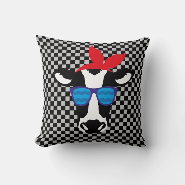 Almofada Vaca Hipster em Tabuleiro de Xadrez (Frente)