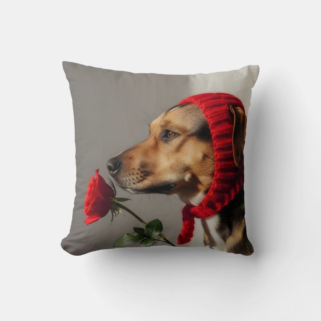 Almofada Valentine dog holding rose portrait, cute dog (Frente)