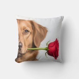 Almofada valentine dog holding rose portrait, cute dog