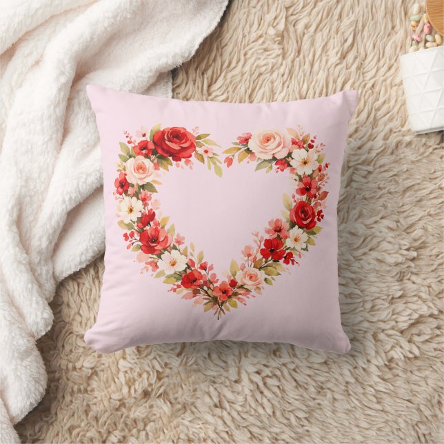 Almofada Valentine Watercolor Floral Heart Wreath Pillow |  (Cobertor)
