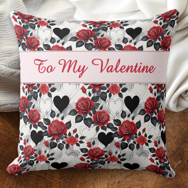 Almofada Valentine's Day Romantic Red Roses Black Hearts (A Valentine's pillow patterned with red roses and black hearts, with custom message on the back)