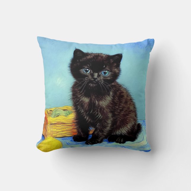 Almofada Van Gogh Black Kitten com Yarn (Frente)