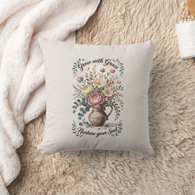 Almofada Vase com Florais cresce com citação de Graça (Cobertor)