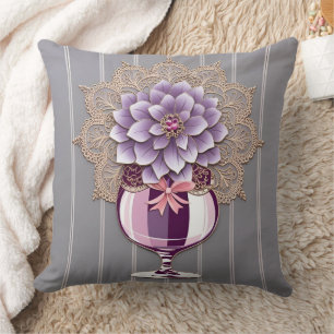 Almofada Vaso de Dália Roxa Renda Vintage Recém-Casados