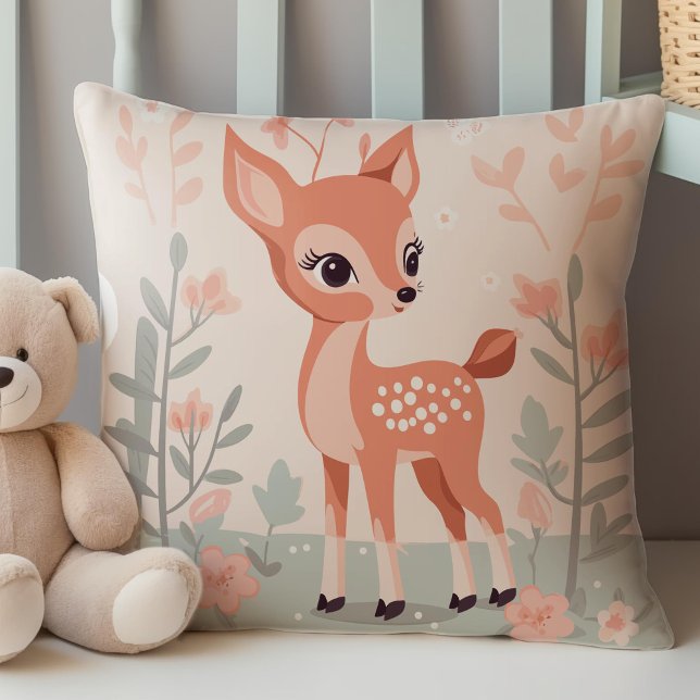 Almofada Veado-da-floresta, Animais-da-floresta, Menina (Cute Deer, Woodland Animals Themed Nursery Decor, Throw Pillow)