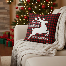 Almofada Veado de Natal Alegre Plaid Vermelho e Preto Nome