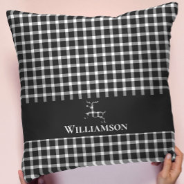Almofada Veado do Monograma da Xadrez russa | Preto branco