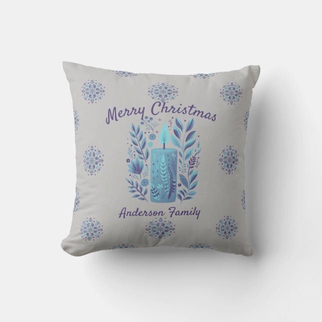 Almofada Vela de Natal Teal Personalizada e Floco de Neve (Frente)