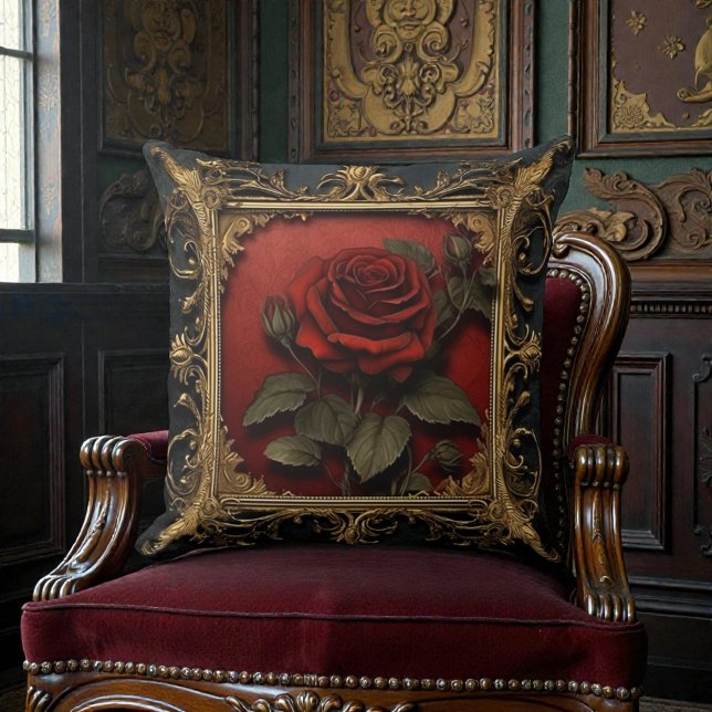Almofada Velho Preto Vitoriano com Rosa Vermelha (Criador carregado)