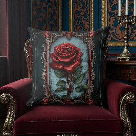 Almofada Velho Preto Vitoriano com Rosa Vermelha