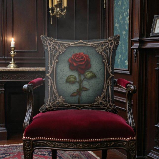 Almofada Velho Preto Vitoriano com Rosa Vermelha (Criador carregado)