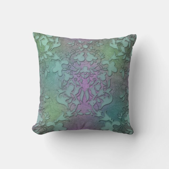 Almofada Verde Angustiado Roxo Damask Arte Moderno (Frente)