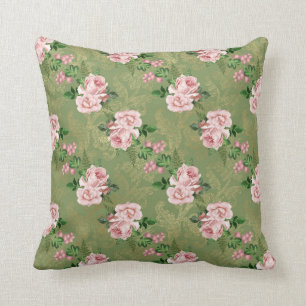 Almofada Verde e Dourado com Rosas Rosa