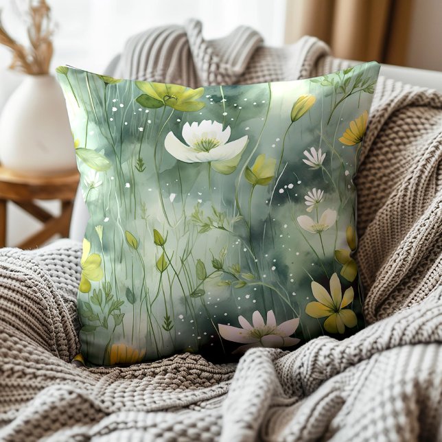 Almofada Verde Elegante Amarelo Amarelo Branco Botânico (Yellow and white flowers on emerald and muted green decorator pillow)