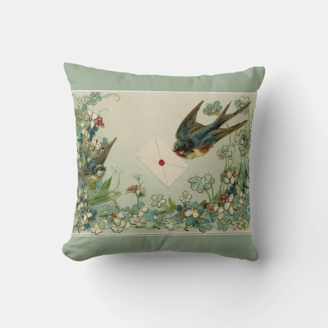 Almofada Verde escuro reversível dos pássaros e das flores (Frente)