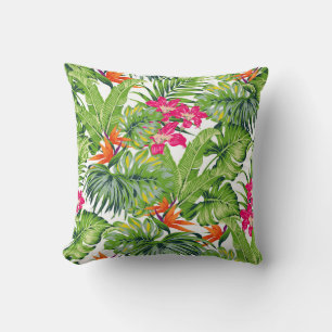 Almofada Verde - Folhas Tropicais Cor-de-Rosa Flores Laranj