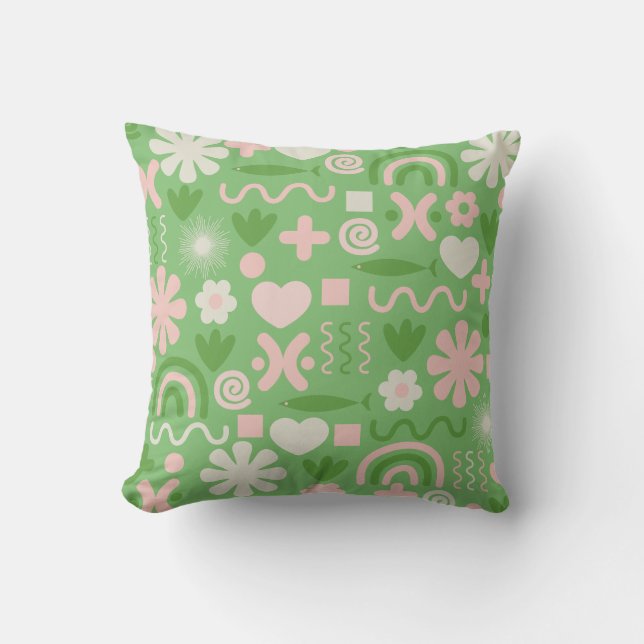 Almofada Verde limão de Formas Cutas e Padrão Rosa (Frente)