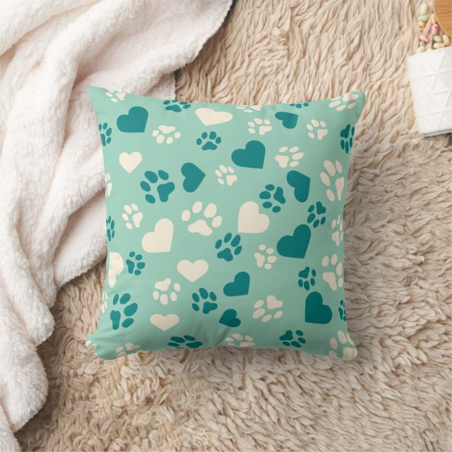 Almofada Verde Menta com Impressões de Patas em Azul Turque (Cobertor)